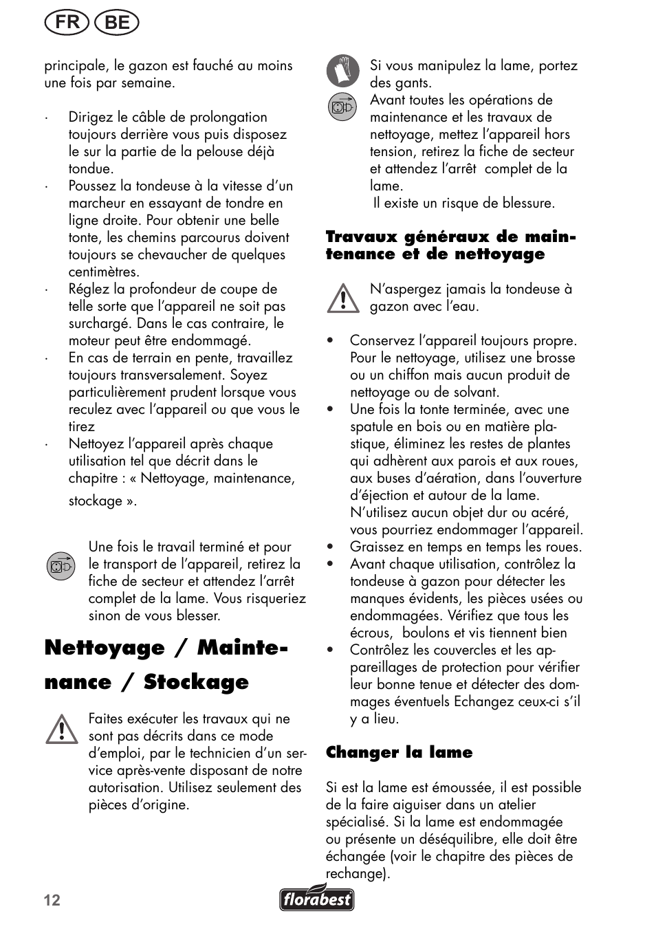 Nettoyage / mainte- nance / stockage, Be fr | Florabest FRM 1200 B3 User Manual | Page 12 / 60