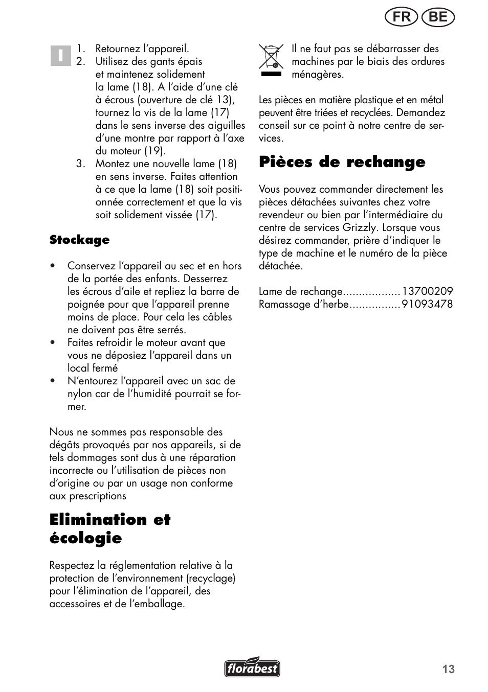 Elimination et écologie, Pièces de rechange, Be fr | Florabest FRM 1200 B3 User Manual | Page 13 / 60