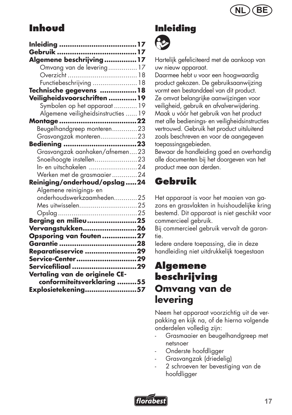 Inhoud, Gebruik, Algemene beschrijving omvang.van.de. levering | Be nl, Inleiding | Florabest FRM 1200 B3 User Manual | Page 17 / 60