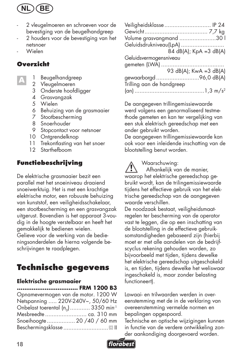 Technische gegevens, Nl be | Florabest FRM 1200 B3 User Manual | Page 18 / 60