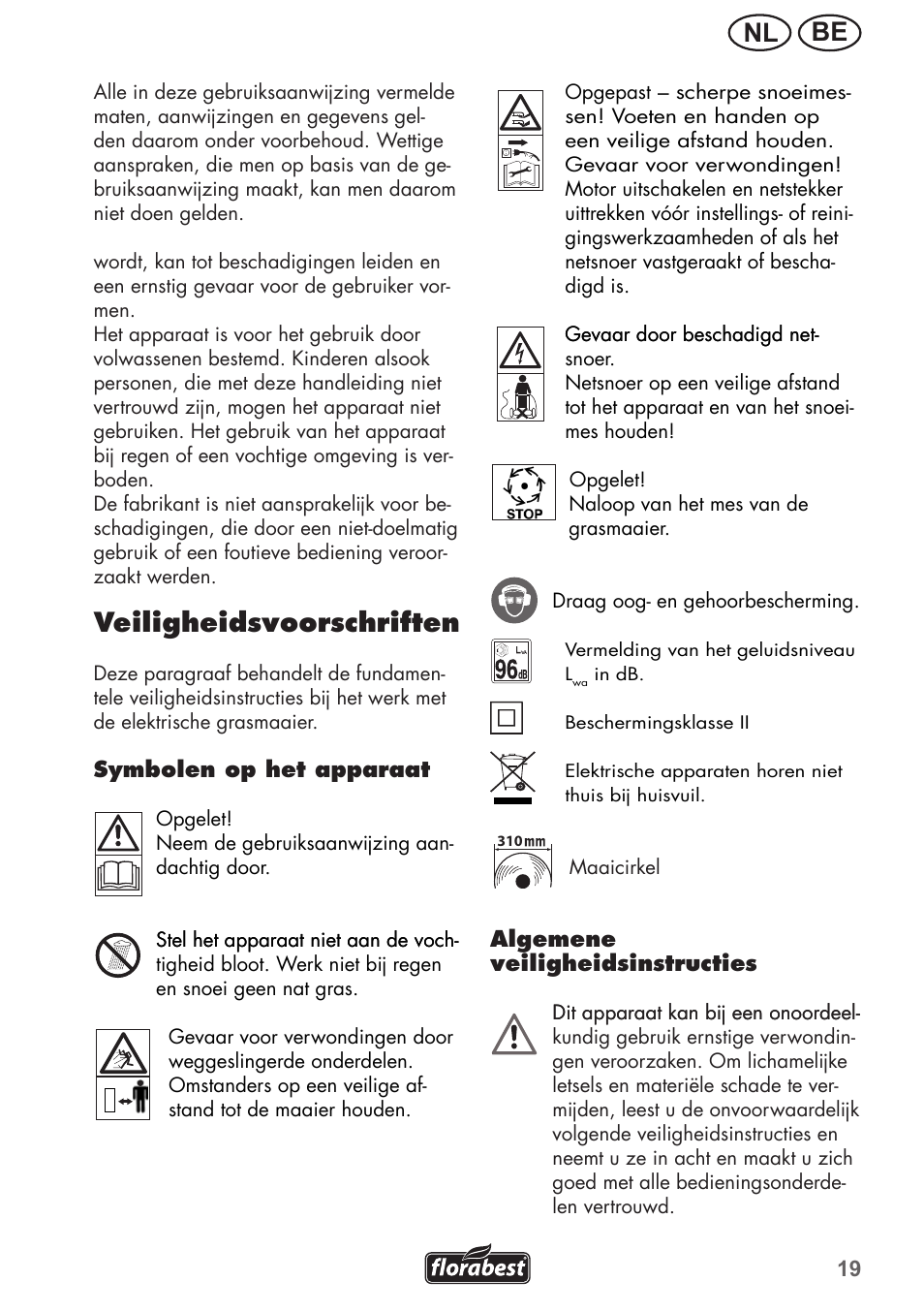 Be nl, Veiligheidsvoorschriften | Florabest FRM 1200 B3 User Manual | Page 19 / 60