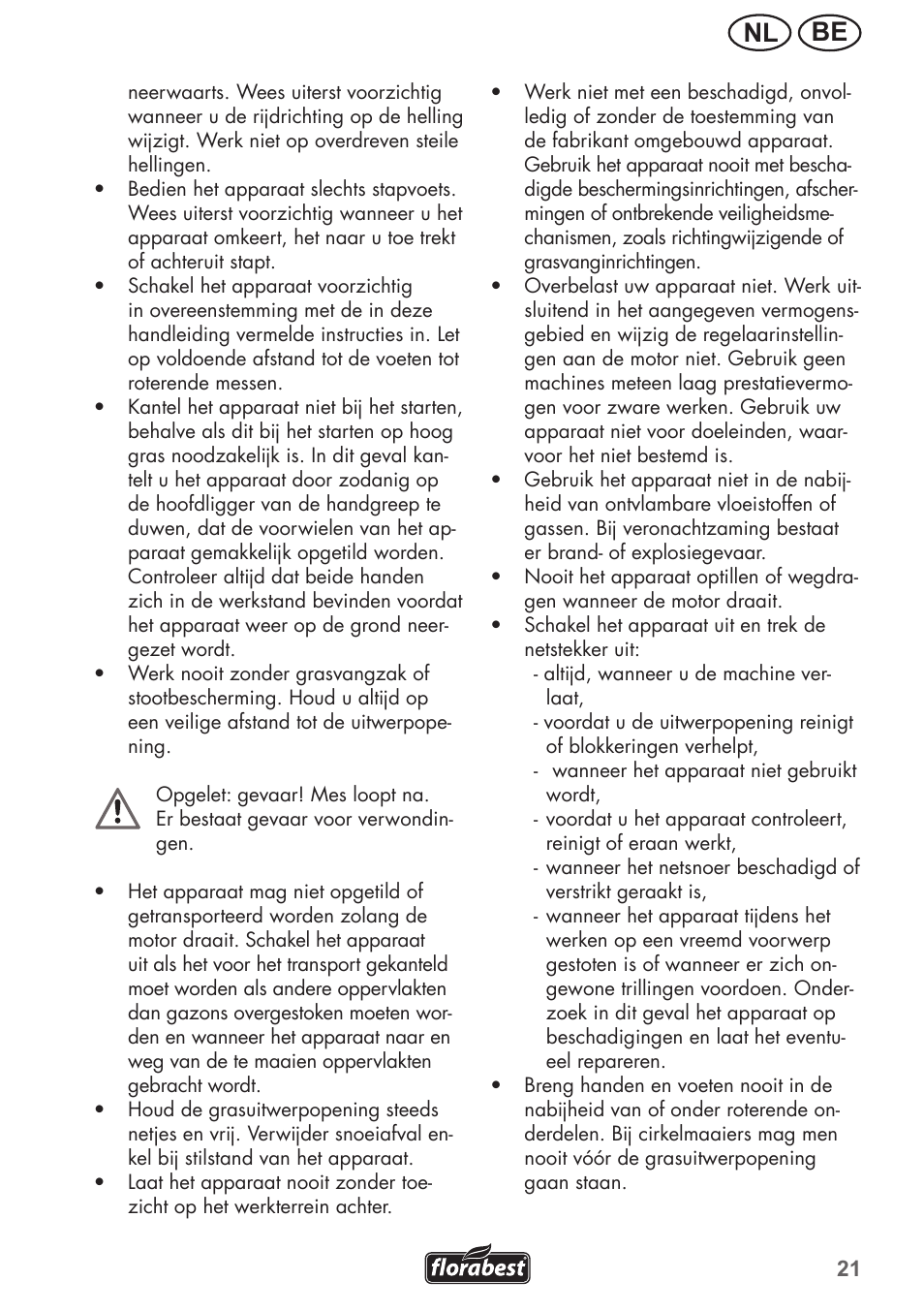 Be nl | Florabest FRM 1200 B3 User Manual | Page 21 / 60