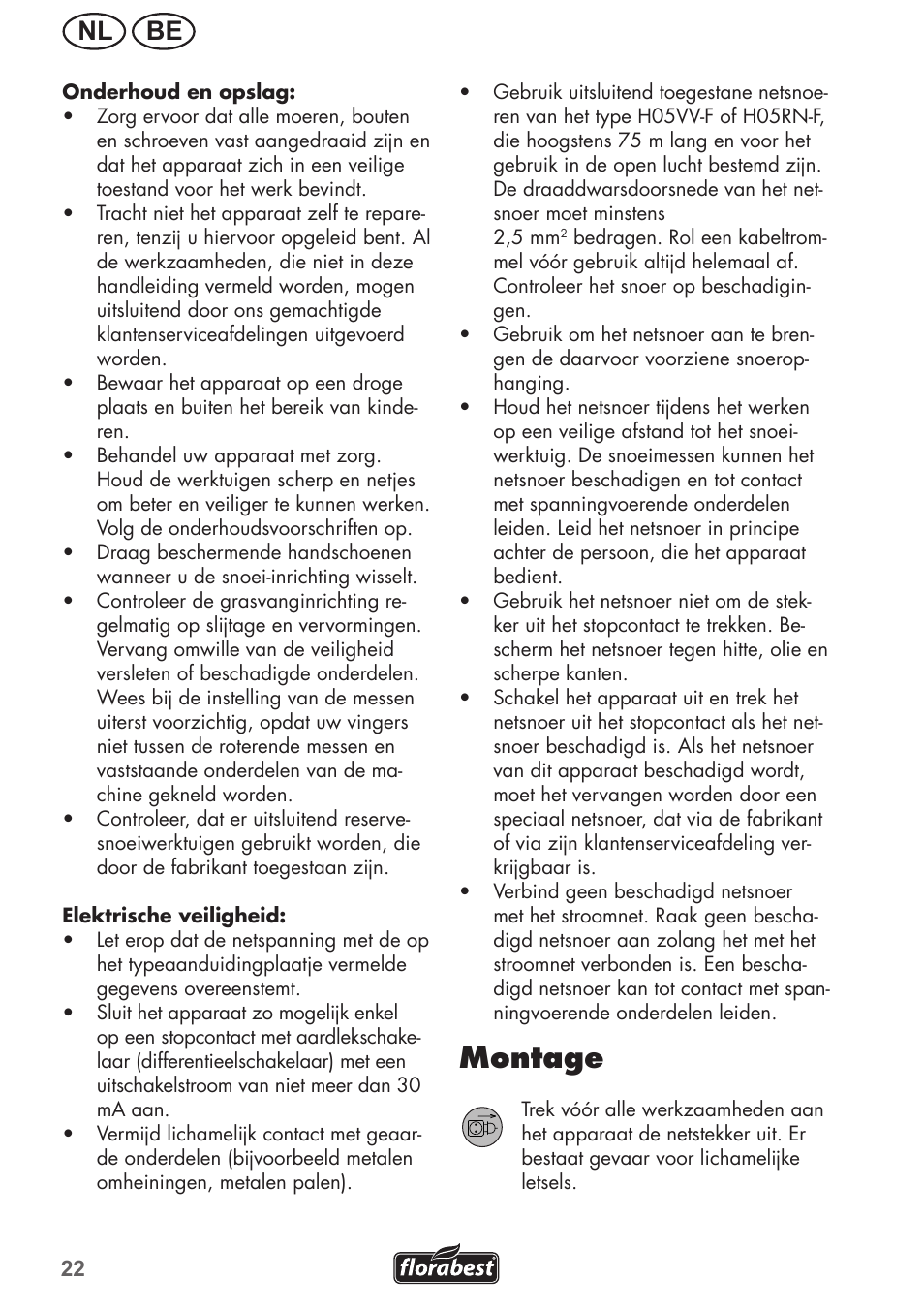 Montage, Nl be | Florabest FRM 1200 B3 User Manual | Page 22 / 60