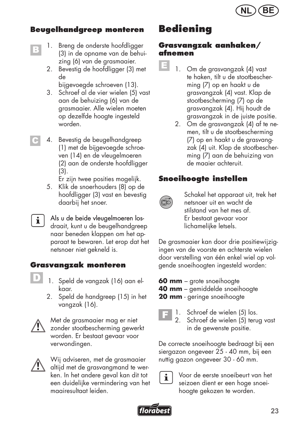 Bediening, Be nl | Florabest FRM 1200 B3 User Manual | Page 23 / 60