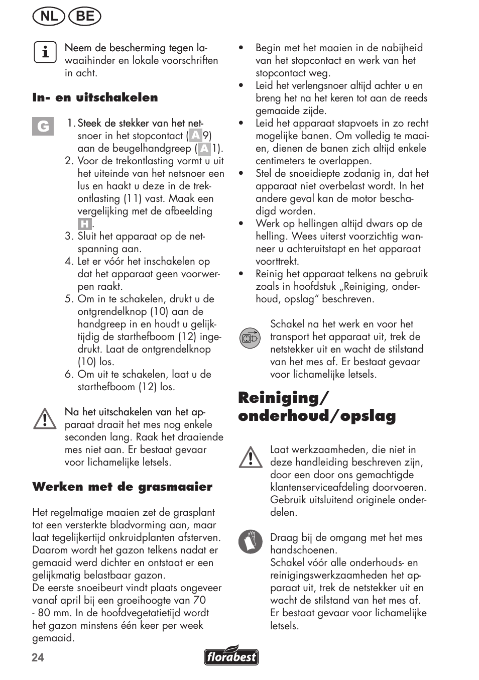 Reiniging/ onderhoud/opslag, Nl be | Florabest FRM 1200 B3 User Manual | Page 24 / 60