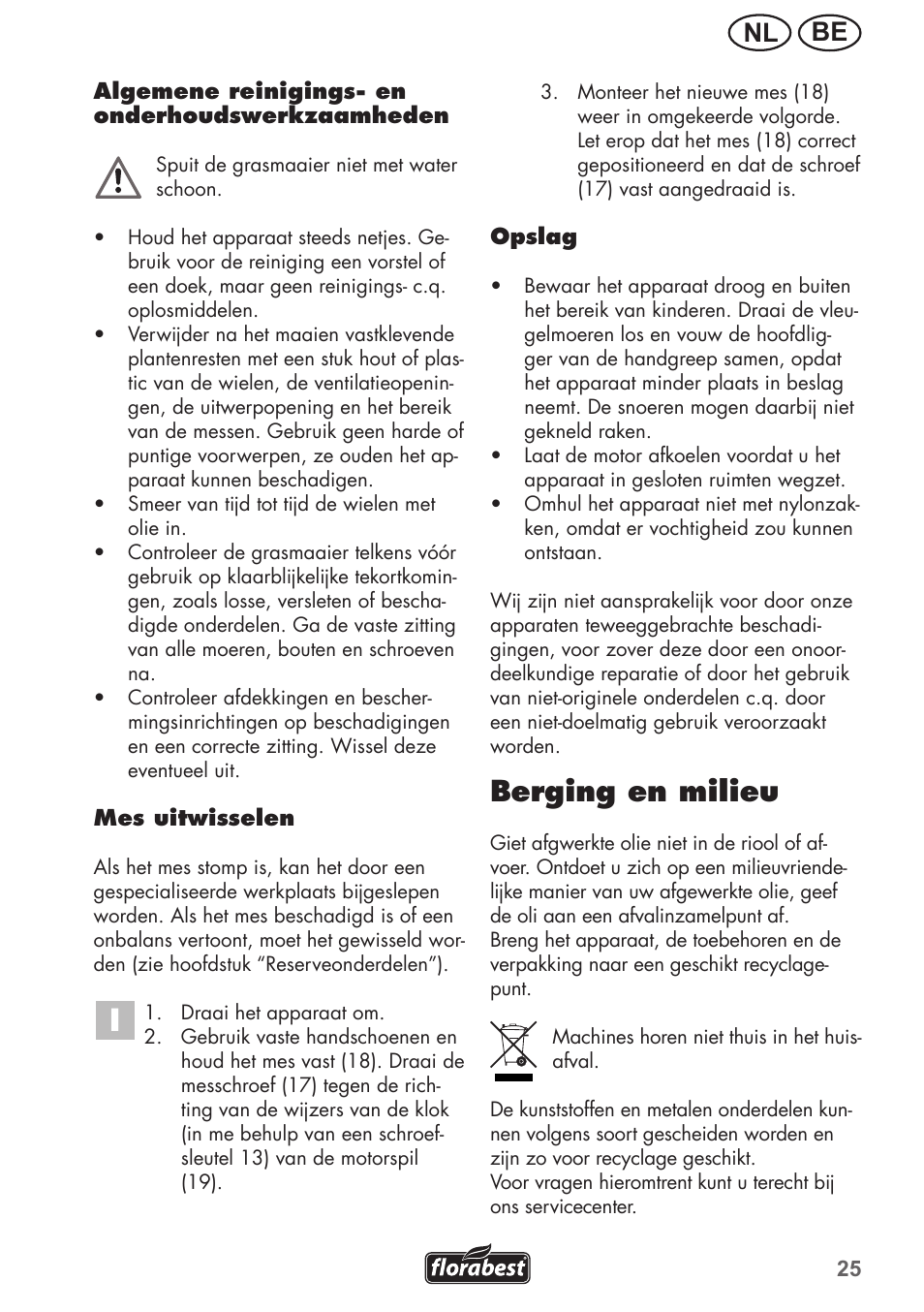 Berging en milieu, Be nl | Florabest FRM 1200 B3 User Manual | Page 25 / 60