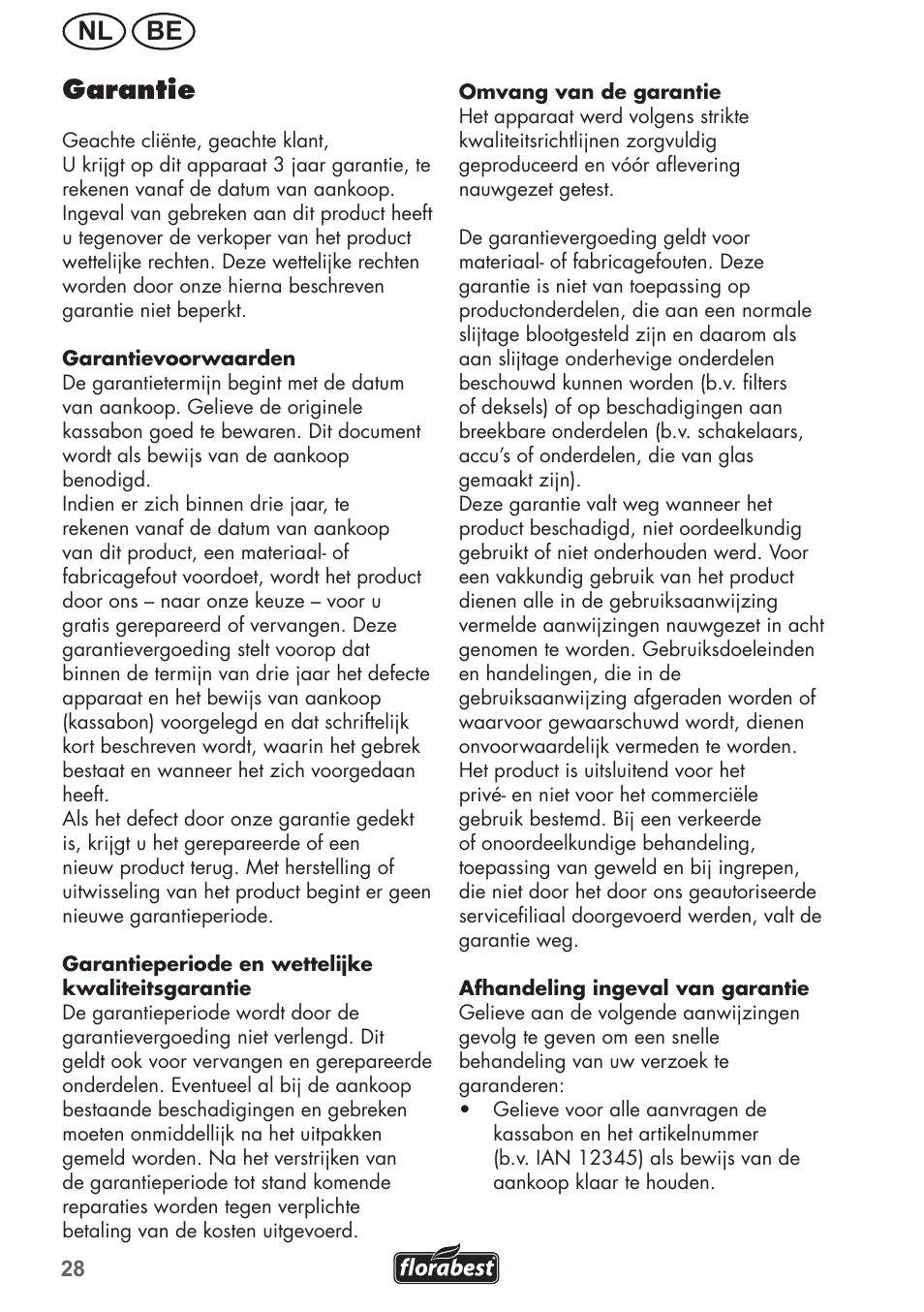 Nl be garantie | Florabest FRM 1200 B3 User Manual | Page 28 / 60