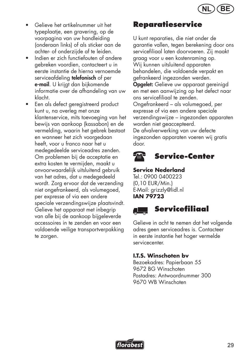 Be nl, Reparatieservice, Service-center | Servicefiliaal | Florabest FRM 1200 B3 User Manual | Page 29 / 60