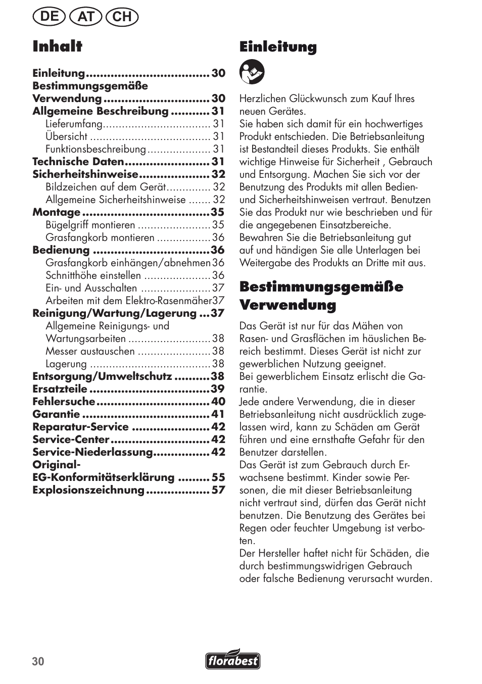 Inhalt, Ch at de, Einleitung | Bestimmungsgemäße verwendung | Florabest FRM 1200 B3 User Manual | Page 30 / 60