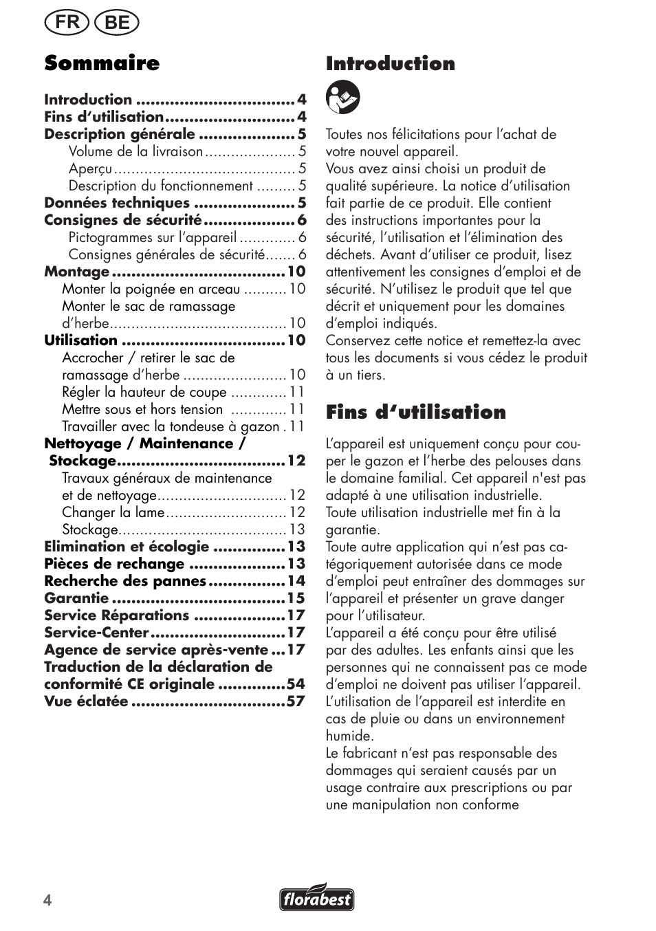 Sommaire, Be fr, Introduction | Fins d‘utilisation | Florabest FRM 1200 B3 User Manual | Page 4 / 60