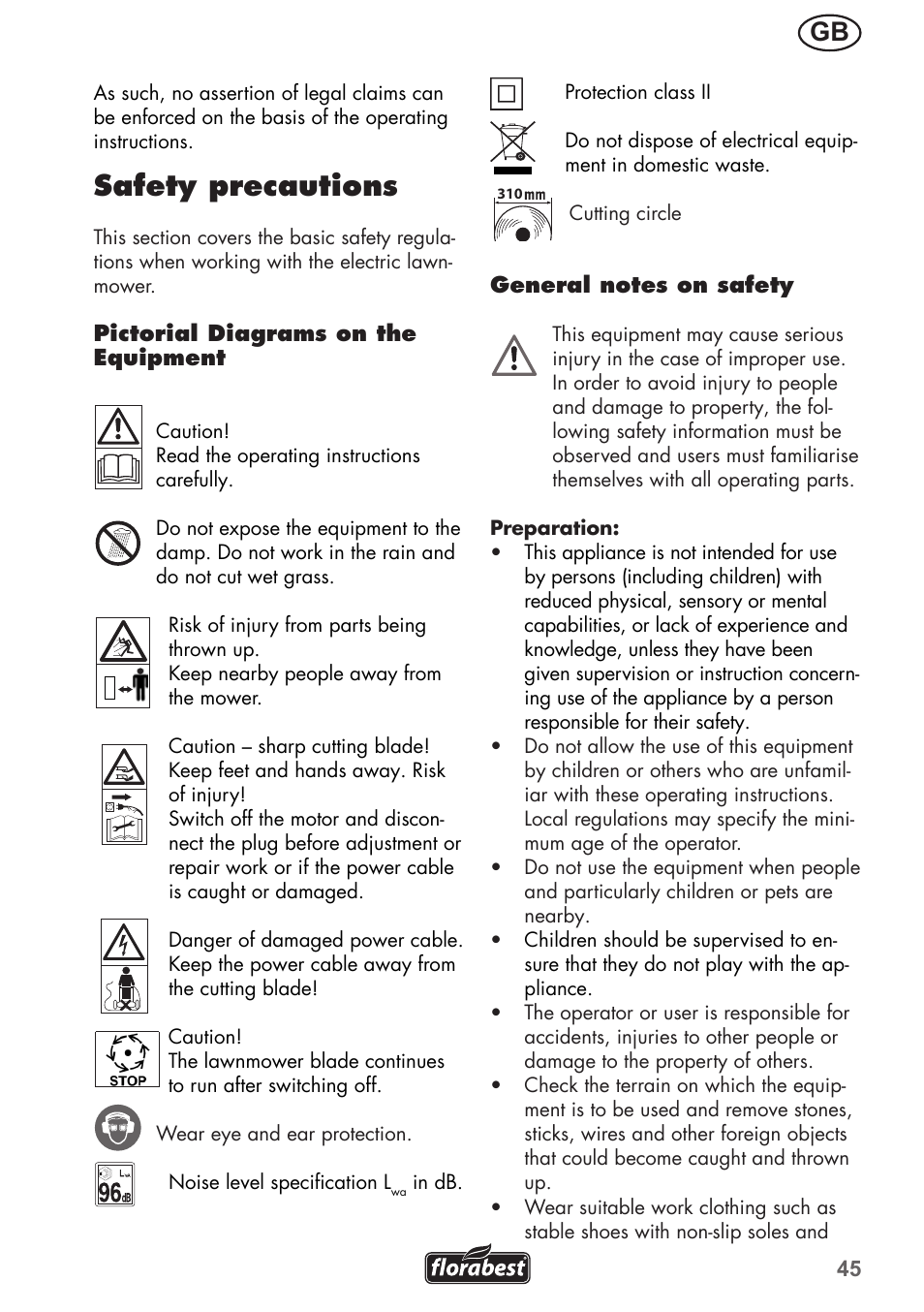 Safety precautions | Florabest FRM 1200 B3 User Manual | Page 45 / 60