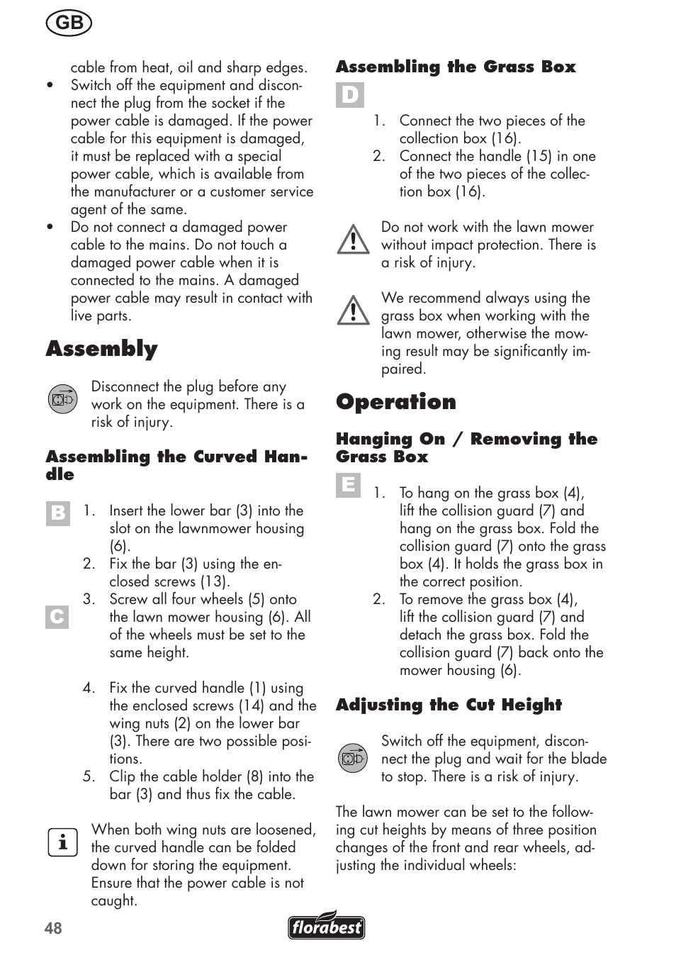 Operation, Assembly | Florabest FRM 1200 B3 User Manual | Page 48 / 60