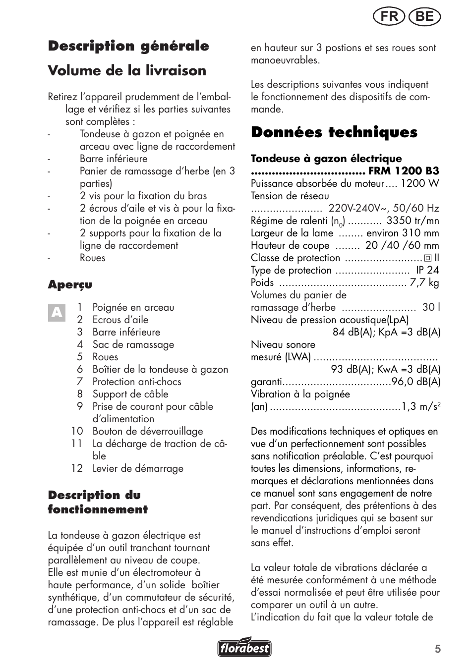 Données techniques, Be fr description générale volume.de.la.livraison | Florabest FRM 1200 B3 User Manual | Page 5 / 60