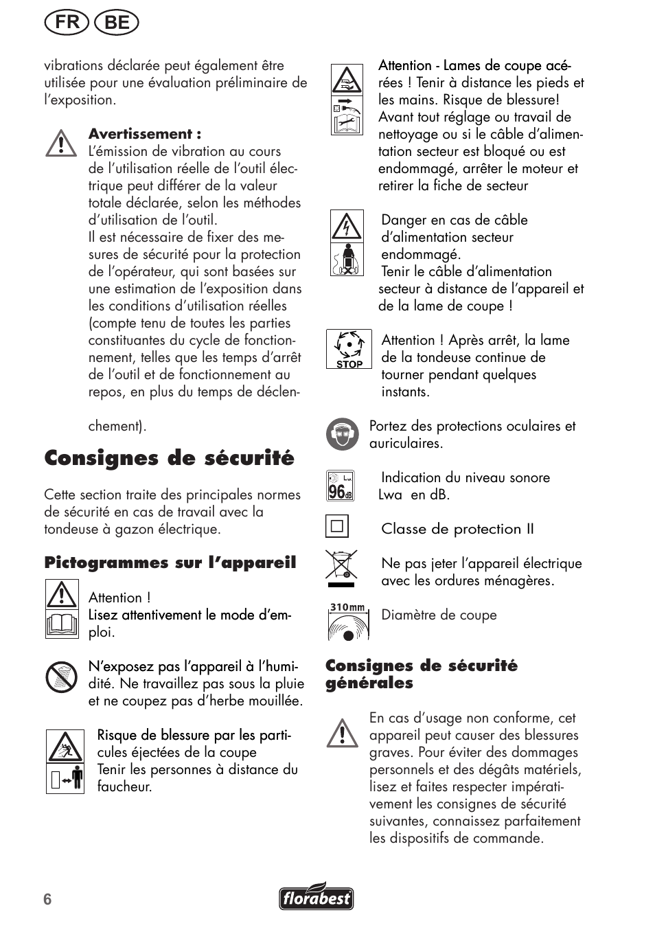 Consignes de sécurité, Be fr | Florabest FRM 1200 B3 User Manual | Page 6 / 60