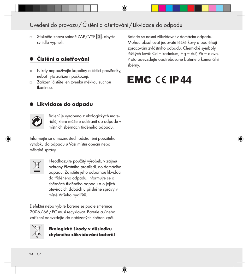 Čistění a ošetřování, Likvidace do odpadu | Florabest Z30688 User Manual | Page 24 / 33
