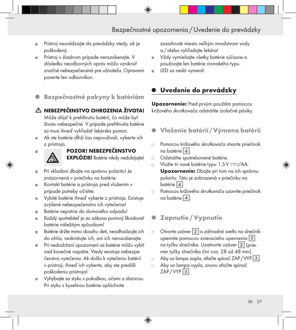 Bezpečnostné upozornenia / uvedenie do prevádzky, Bezpečnostné pokyny k batériám, Uvedenie do prevádzky | Vloženie batérií / výmena batérií, Zapnutie / vypnutie | Florabest Z30688 User Manual | Page 27 / 33