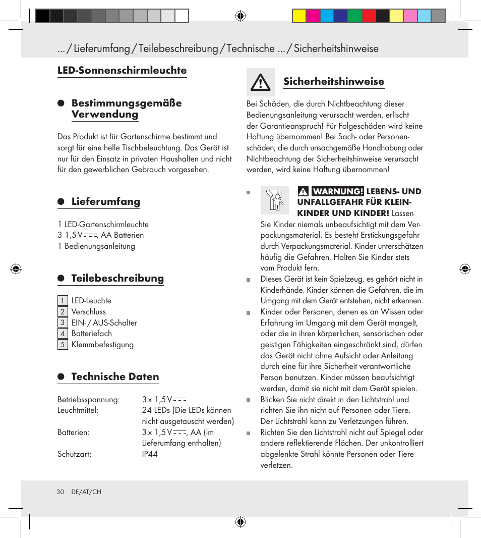 Led-sonnenschirmleuchte, Bestimmungsgemäße verwendung, Lieferumfang | Teilebeschreibung, Technische daten, Sicherheitshinweise | Florabest Z30688 User Manual | Page 30 / 33