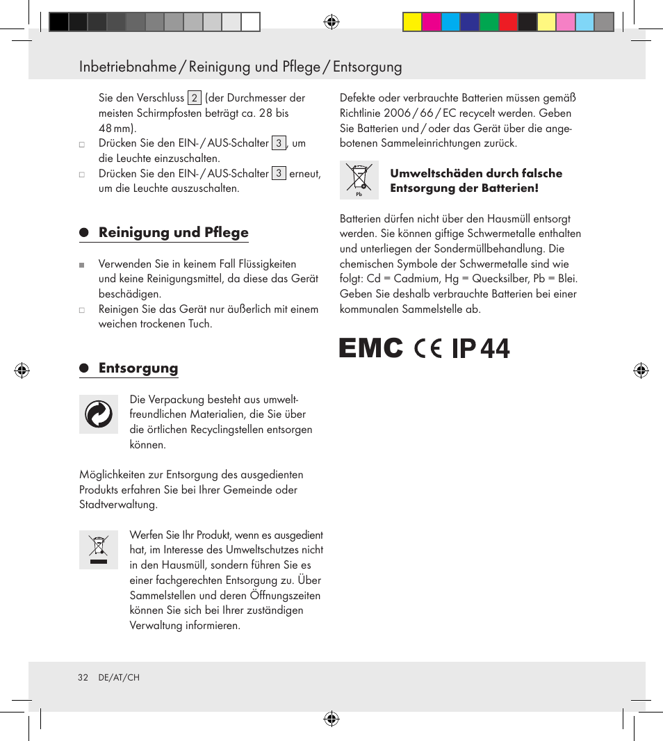 Inbetriebnahme / reinigung und pflege / entsorgung, Reinigung und pflege, Entsorgung | Florabest Z30688 User Manual | Page 32 / 33