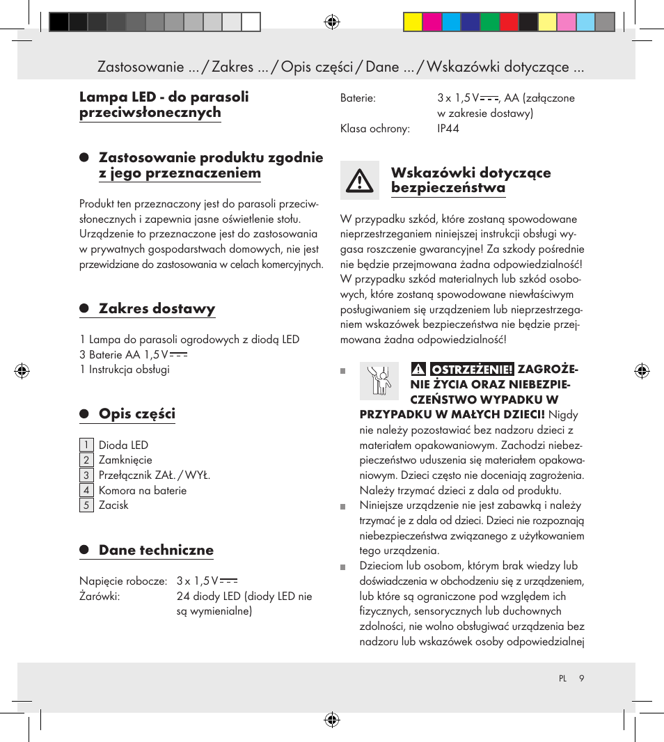 Lampa led - do parasoli przeciwsłonecznych, Zakres dostawy, Opis części | Dane techniczne, Wskazówki dotyczące bezpieczeństwa | Florabest Z30688 User Manual | Page 9 / 33