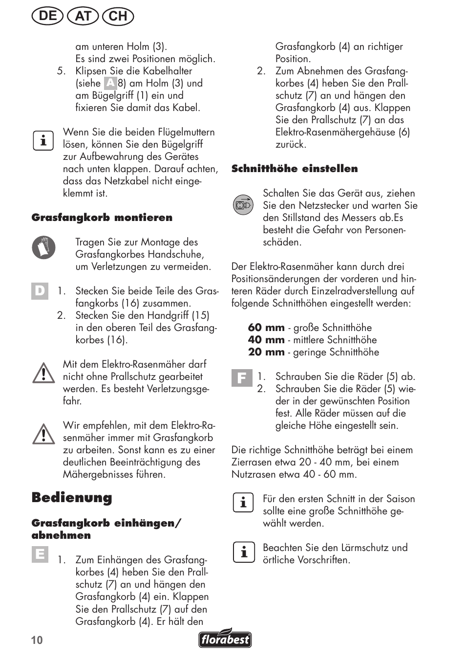 Ch at de, Bedienung | Florabest FRM 1200 B3 User Manual | Page 10 / 60