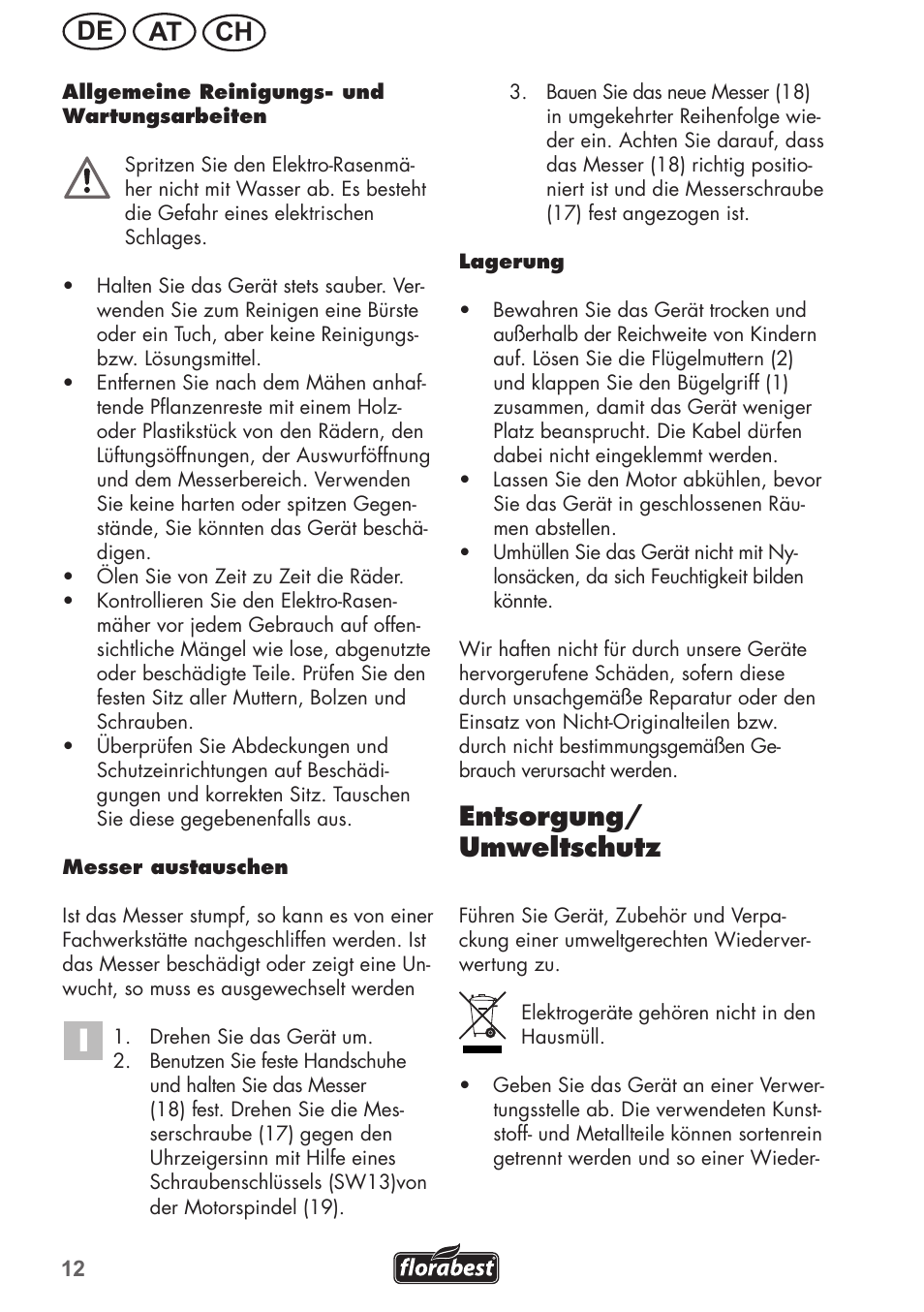 Ch at de, Entsorgung/ umweltschutz | Florabest FRM 1200 B3 User Manual | Page 12 / 60