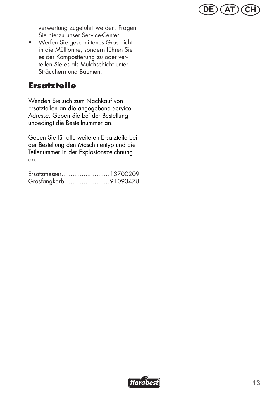 Ch at de, Ersatzteile | Florabest FRM 1200 B3 User Manual | Page 13 / 60