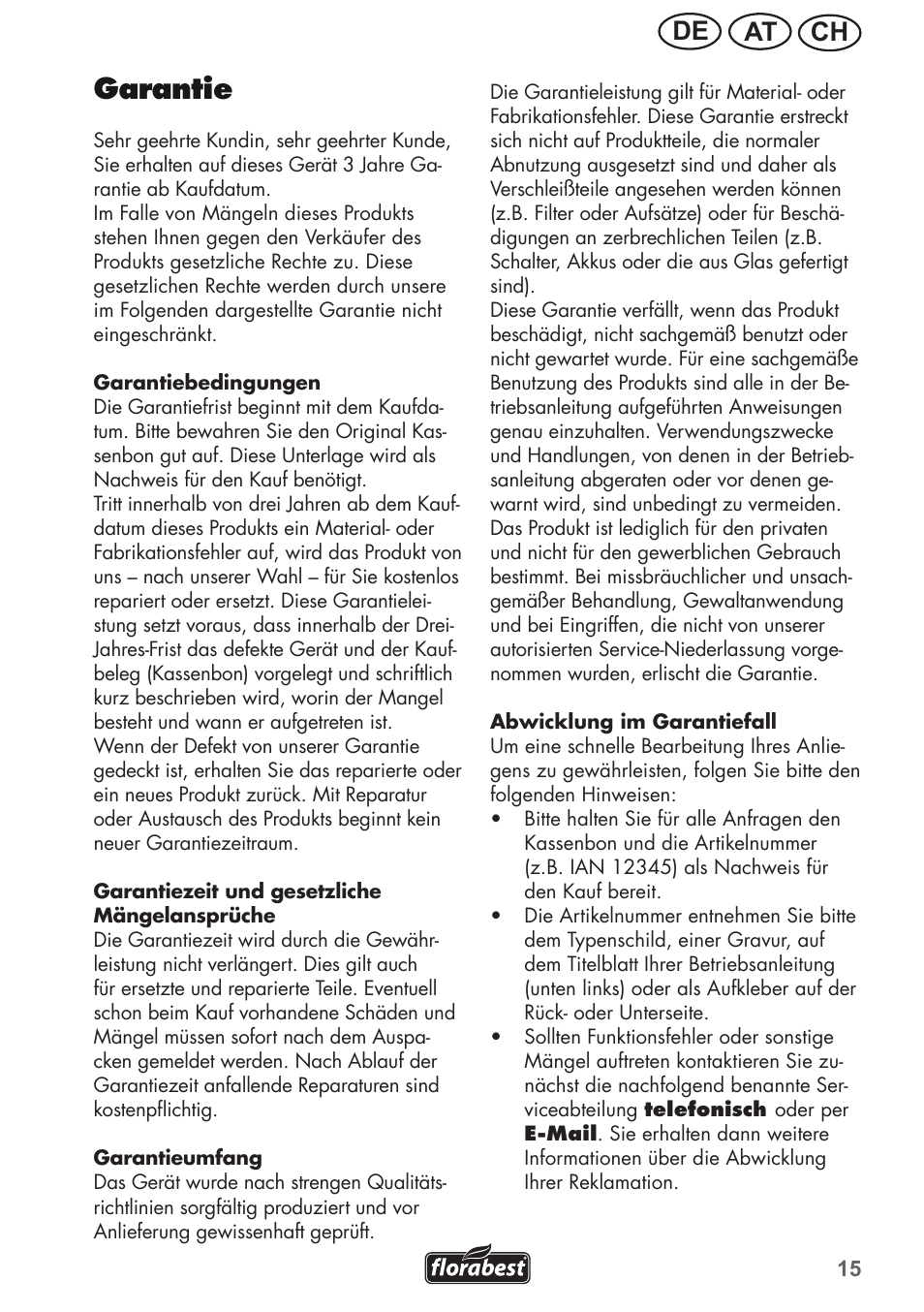Garantie, Ch at de | Florabest FRM 1200 B3 User Manual | Page 15 / 60