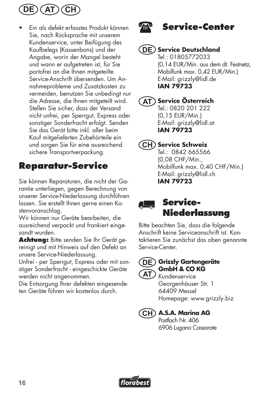 Reparatur-service, Service-center, Service- niederlassung | Ch at de, De at at ch ch | Florabest FRM 1200 B3 User Manual | Page 16 / 60