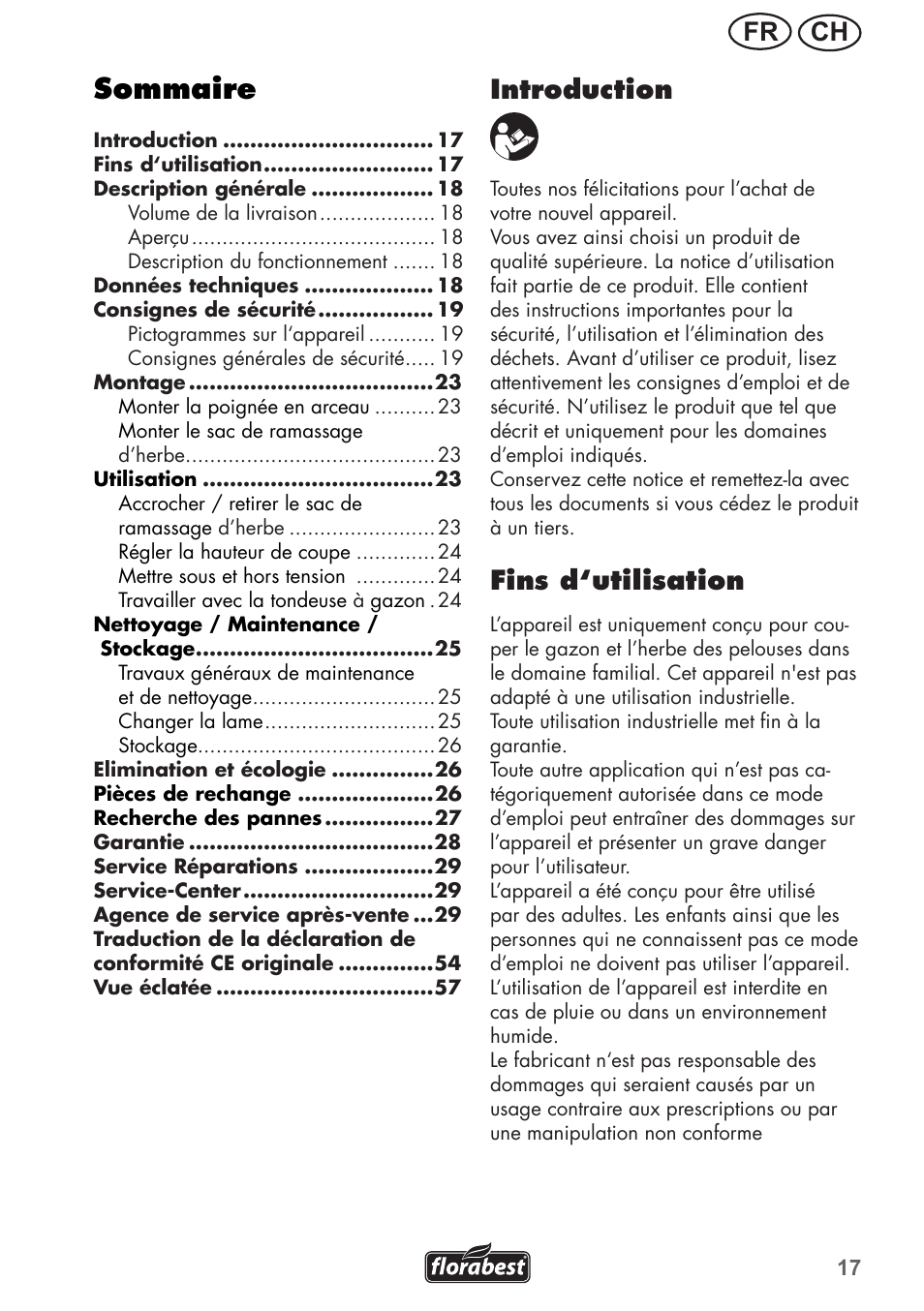 Sommaire, Ch fr, Introduction | Fins d‘utilisation | Florabest FRM 1200 B3 User Manual | Page 17 / 60