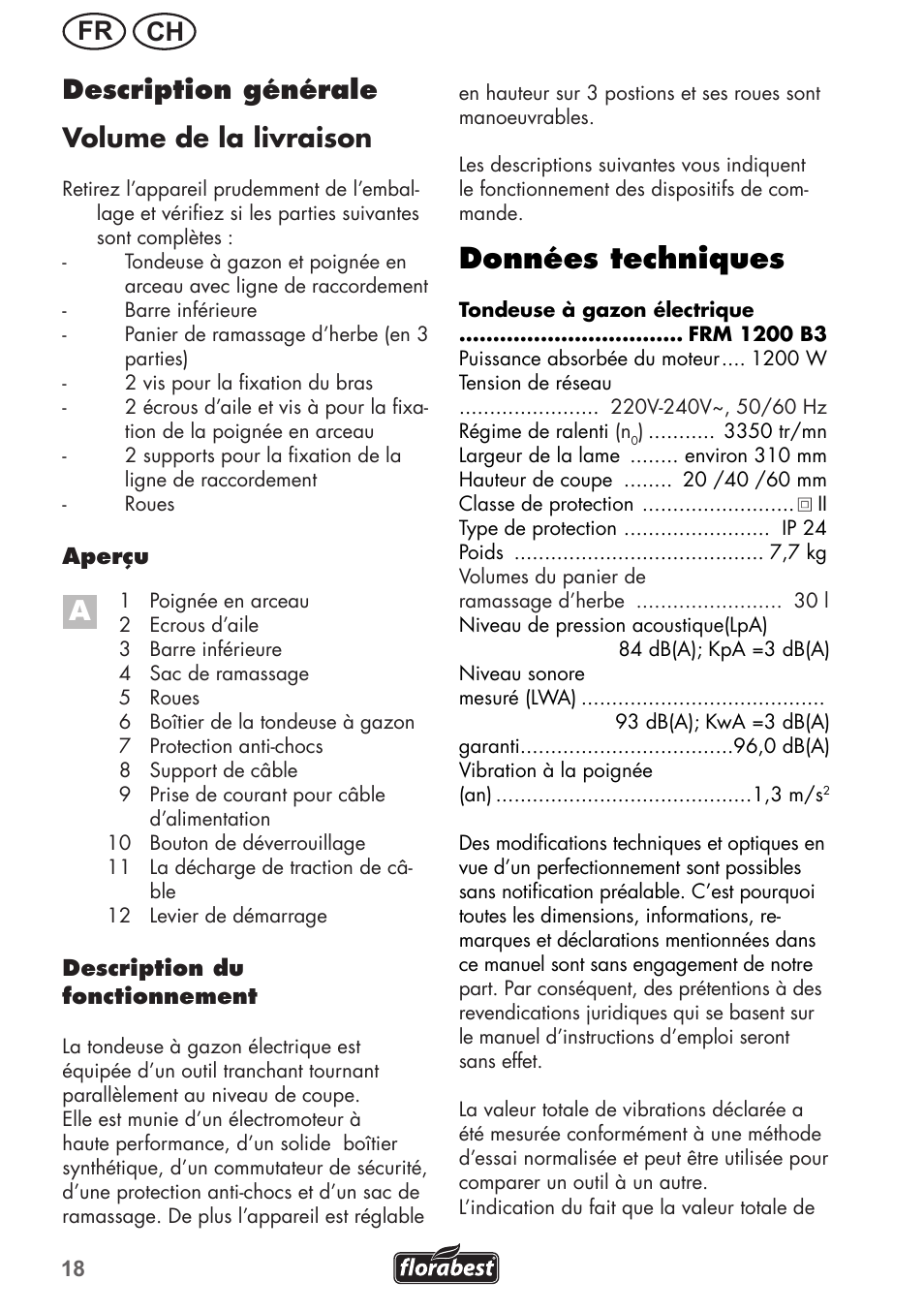 Données techniques, Ch fr description générale volume.de.la.livraison | Florabest FRM 1200 B3 User Manual | Page 18 / 60