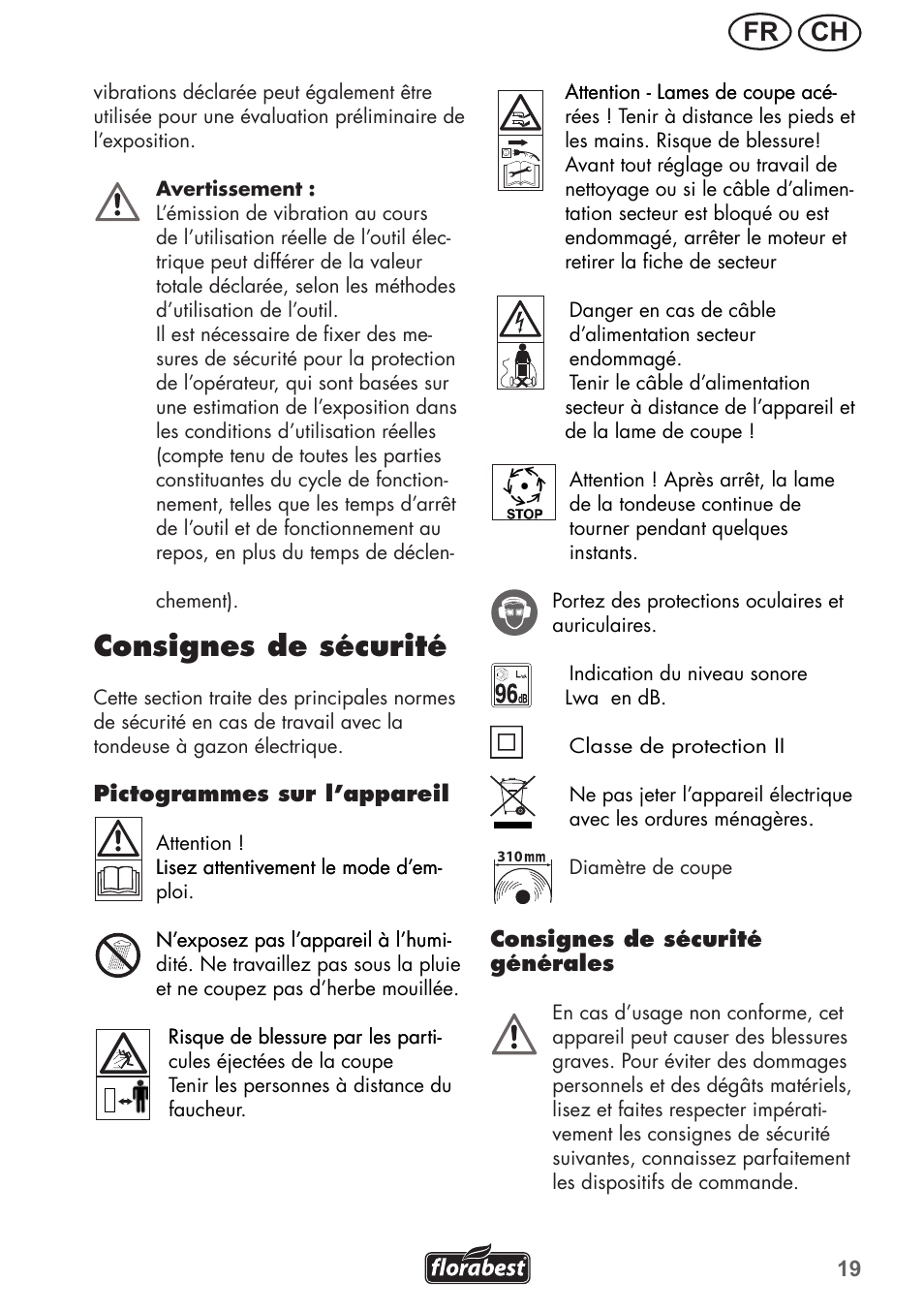 Consignes de sécurité, Ch fr | Florabest FRM 1200 B3 User Manual | Page 19 / 60
