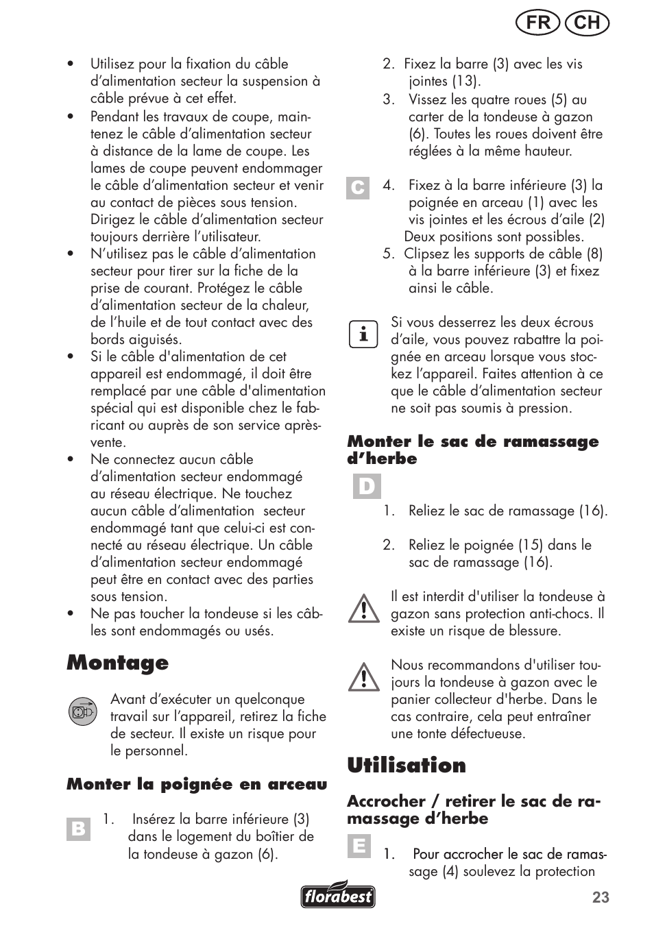 Montage, Utilisation, Ch fr | Florabest FRM 1200 B3 User Manual | Page 23 / 60