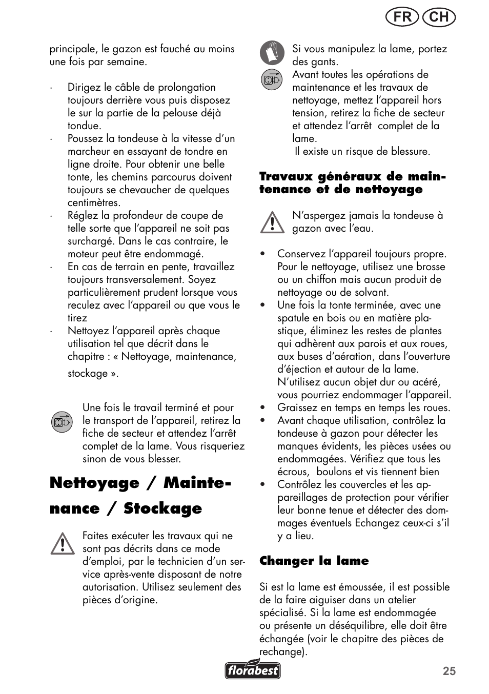 Nettoyage / mainte- nance / stockage, Ch fr | Florabest FRM 1200 B3 User Manual | Page 25 / 60