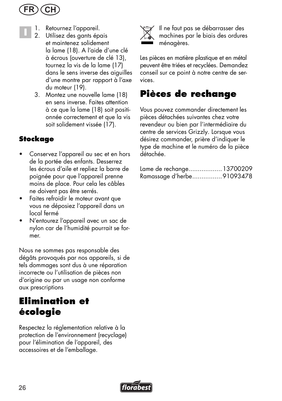 Elimination et écologie, Pièces de rechange, Ch fr | Florabest FRM 1200 B3 User Manual | Page 26 / 60