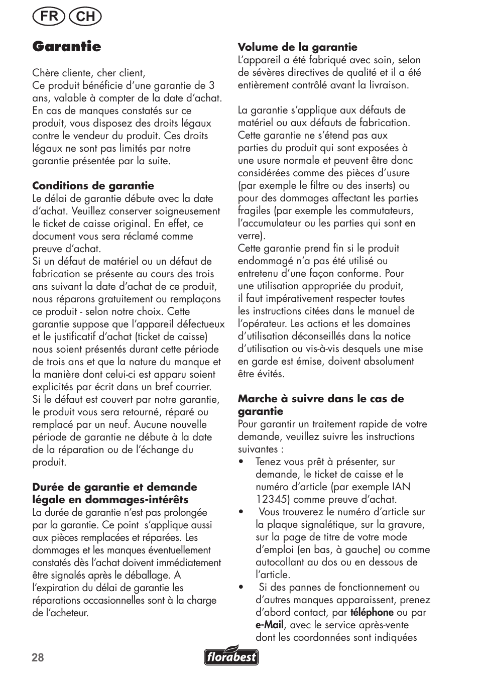 Ch fr garantie | Florabest FRM 1200 B3 User Manual | Page 28 / 60