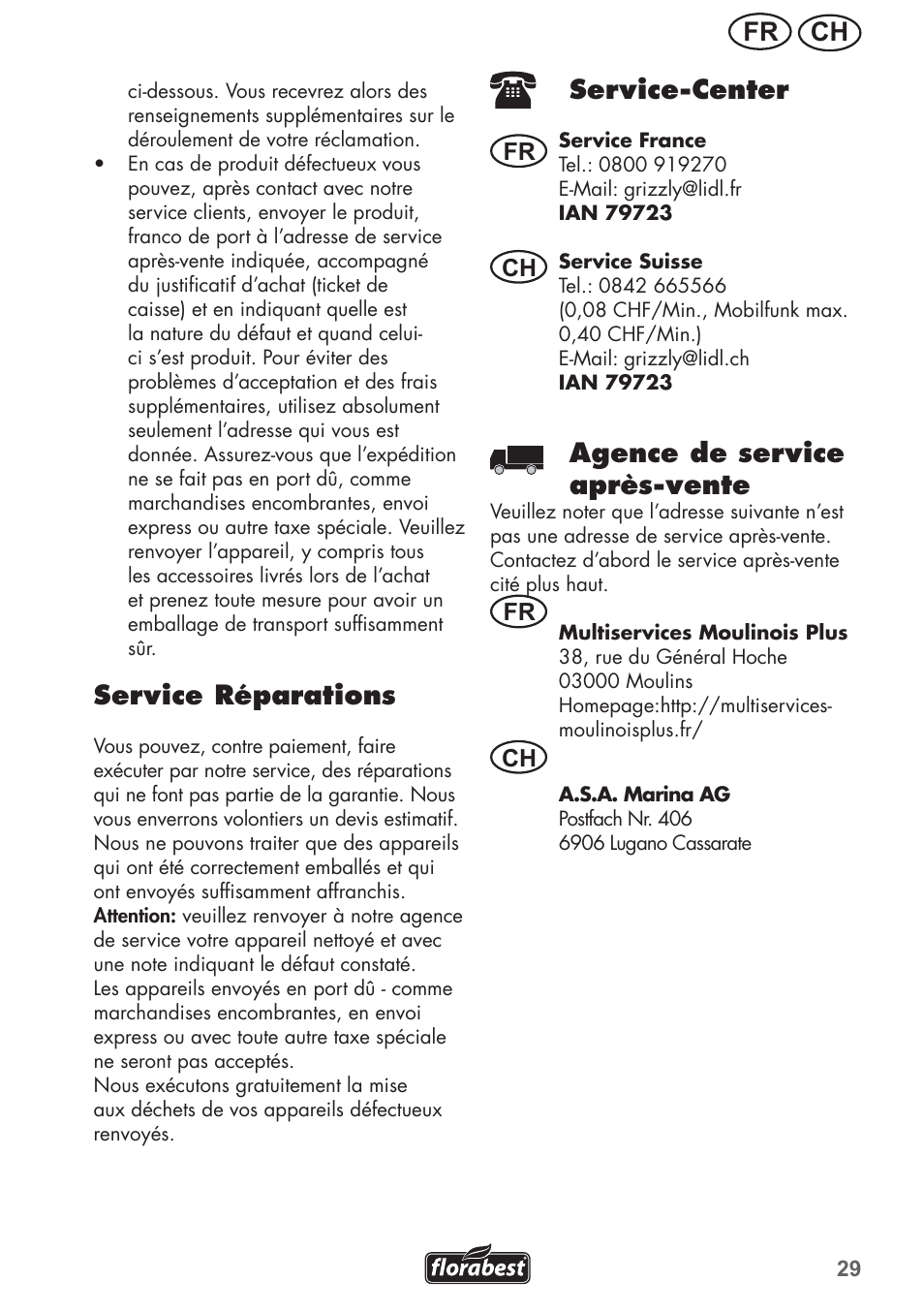 Ch fr, Service réparations, Service-center | Agence de service après-vente, Fr ch fr ch | Florabest FRM 1200 B3 User Manual | Page 29 / 60