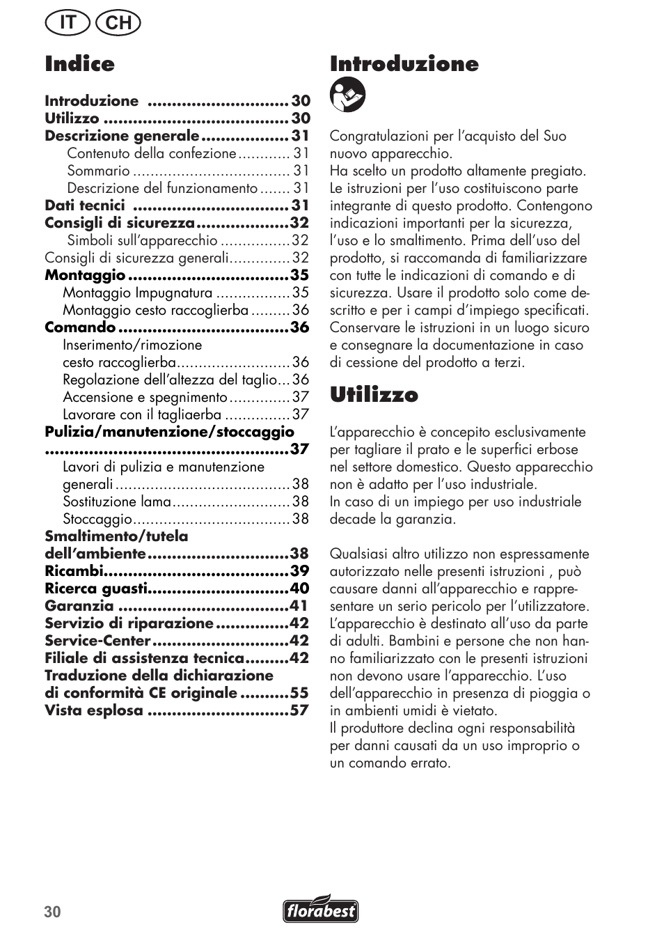 Indice, Introduzione, Utilizzo | Ch it | Florabest FRM 1200 B3 User Manual | Page 30 / 60