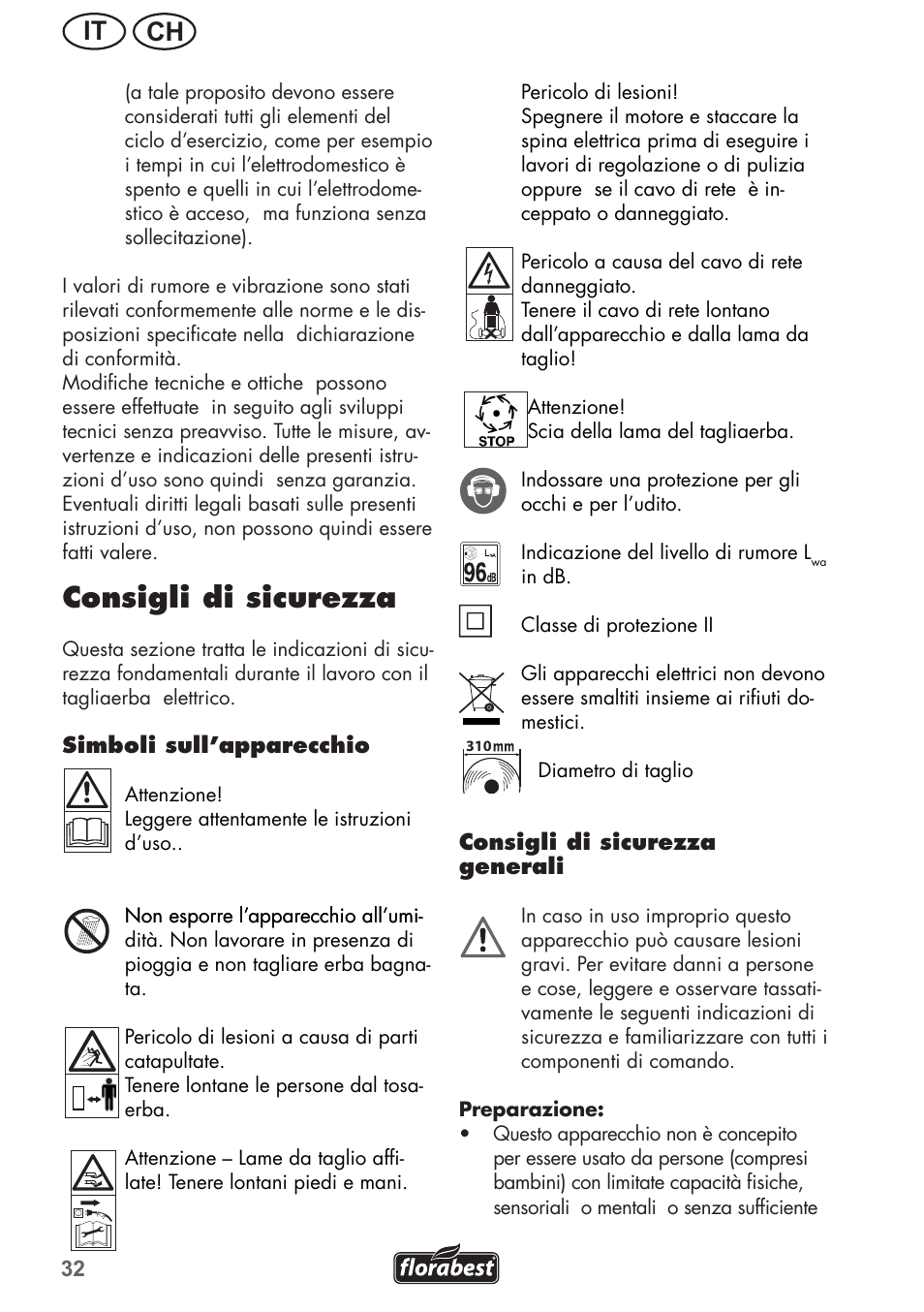 Consigli di sicurezza, Ch it | Florabest FRM 1200 B3 User Manual | Page 32 / 60
