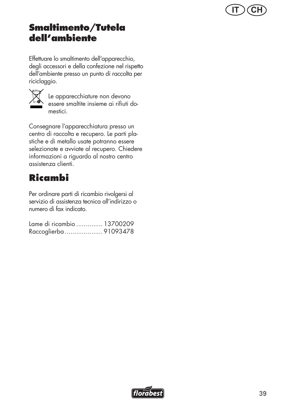 Smaltimento/tutela dell’ambiente, Ricambi, Ch it | Florabest FRM 1200 B3 User Manual | Page 39 / 60