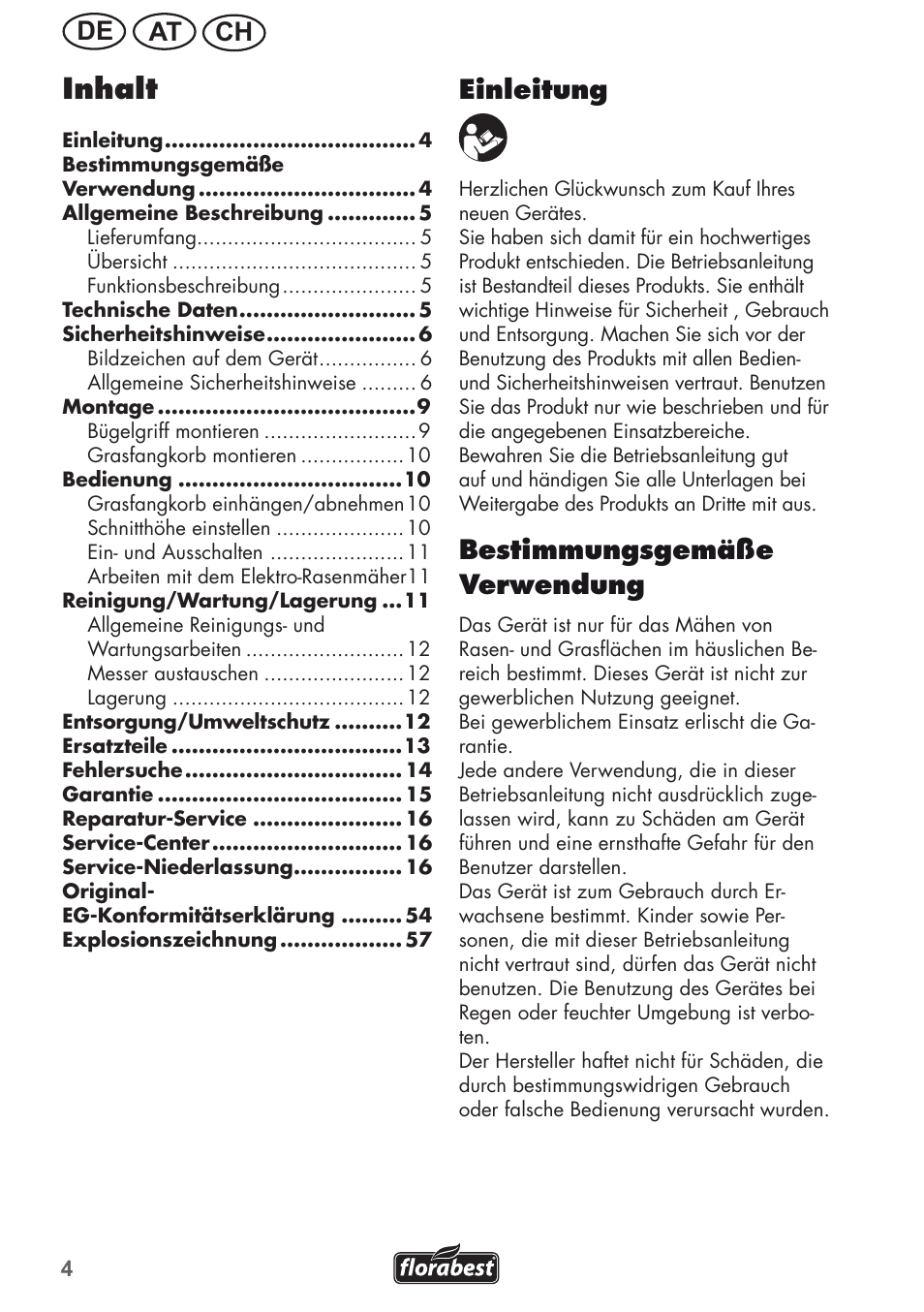 Inhalt, Ch at de, Einleitung | Bestimmungsgemäße verwendung | Florabest FRM 1200 B3 User Manual | Page 4 / 60