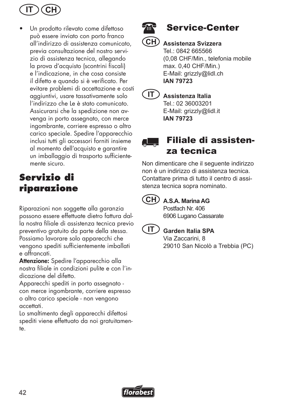 Servizio di riparazione, Service-center, Filiale di assisten- za tecnica | Ch it, Ch it ch it | Florabest FRM 1200 B3 User Manual | Page 42 / 60
