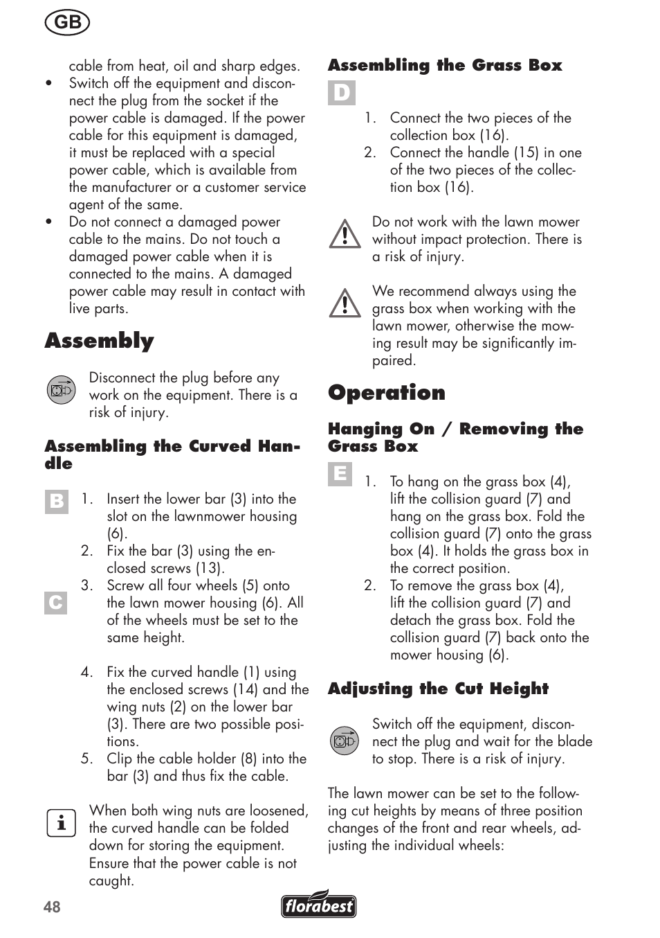 Operation, Assembly | Florabest FRM 1200 B3 User Manual | Page 48 / 60