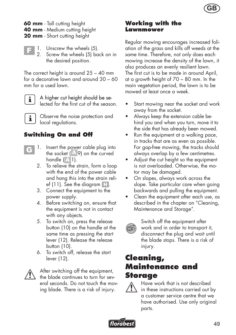 Cleaning, maintenance and storage | Florabest FRM 1200 B3 User Manual | Page 49 / 60