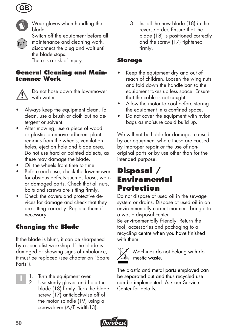 Disposal / enviromental protection | Florabest FRM 1200 B3 User Manual | Page 50 / 60