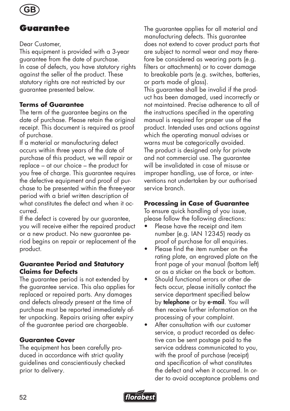 Gb guarantee | Florabest FRM 1200 B3 User Manual | Page 52 / 60