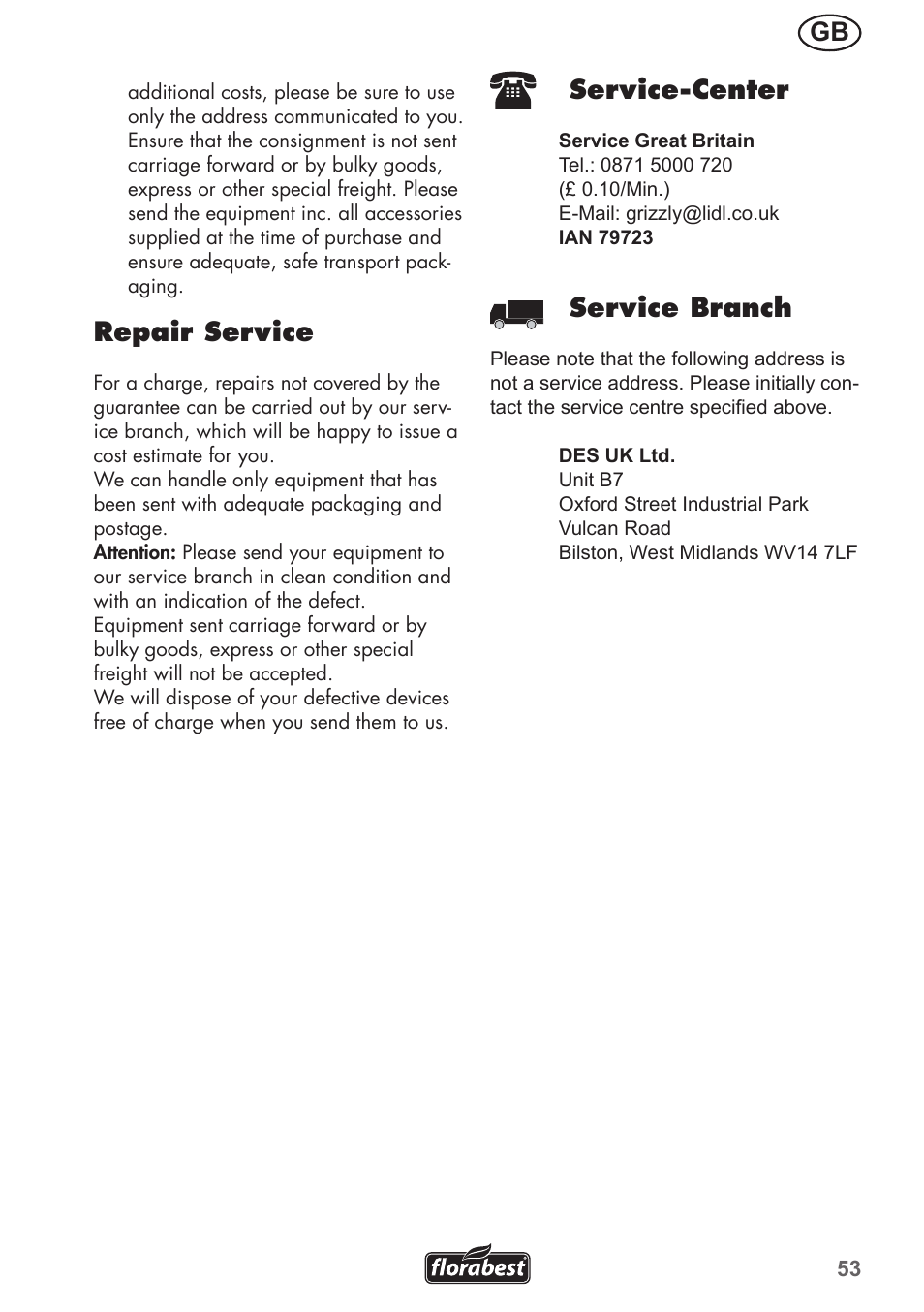 Repair service, Service-center, Service branch | Florabest FRM 1200 B3 User Manual | Page 53 / 60