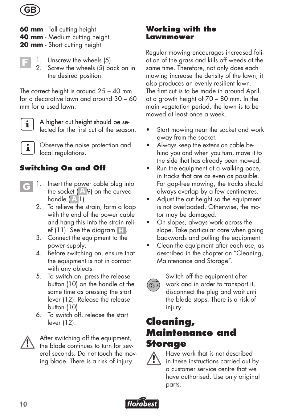 Cleaning, maintenance and storage | Florabest FRM 1200 B3 User Manual | Page 10 / 72