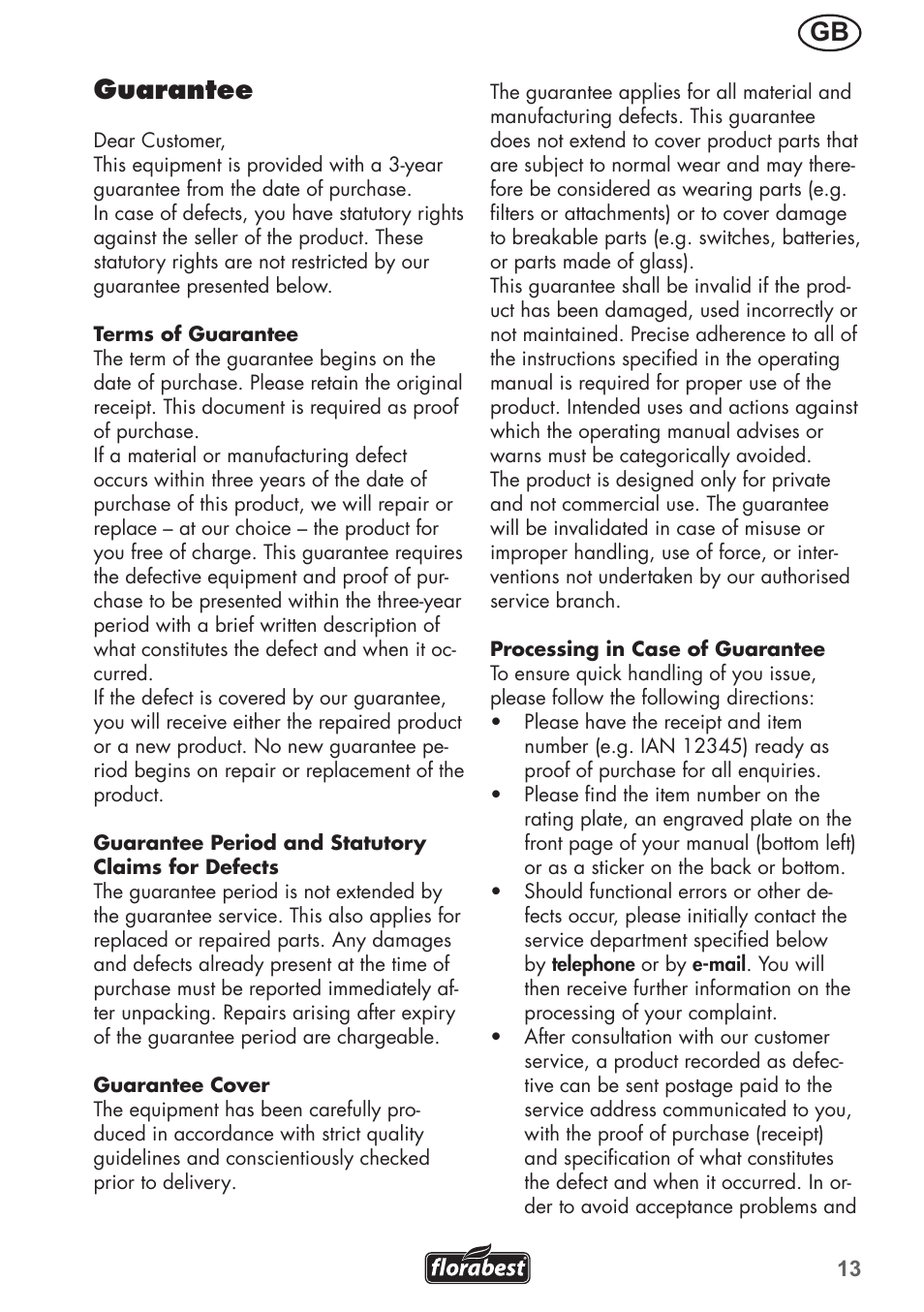 Gb guarantee | Florabest FRM 1200 B3 User Manual | Page 13 / 72