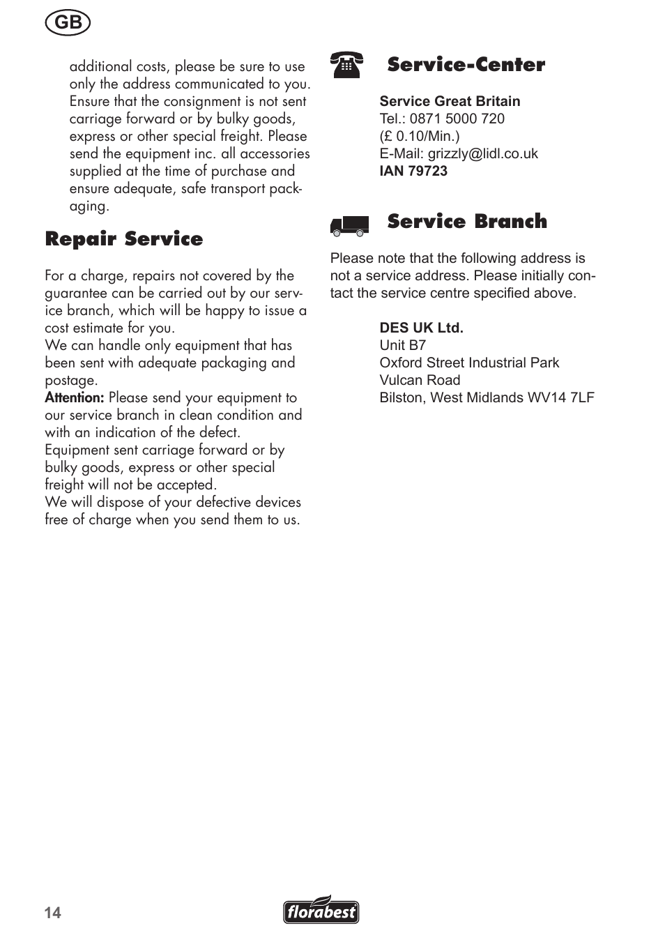Repair service, Service-center, Service branch | Florabest FRM 1200 B3 User Manual | Page 14 / 72