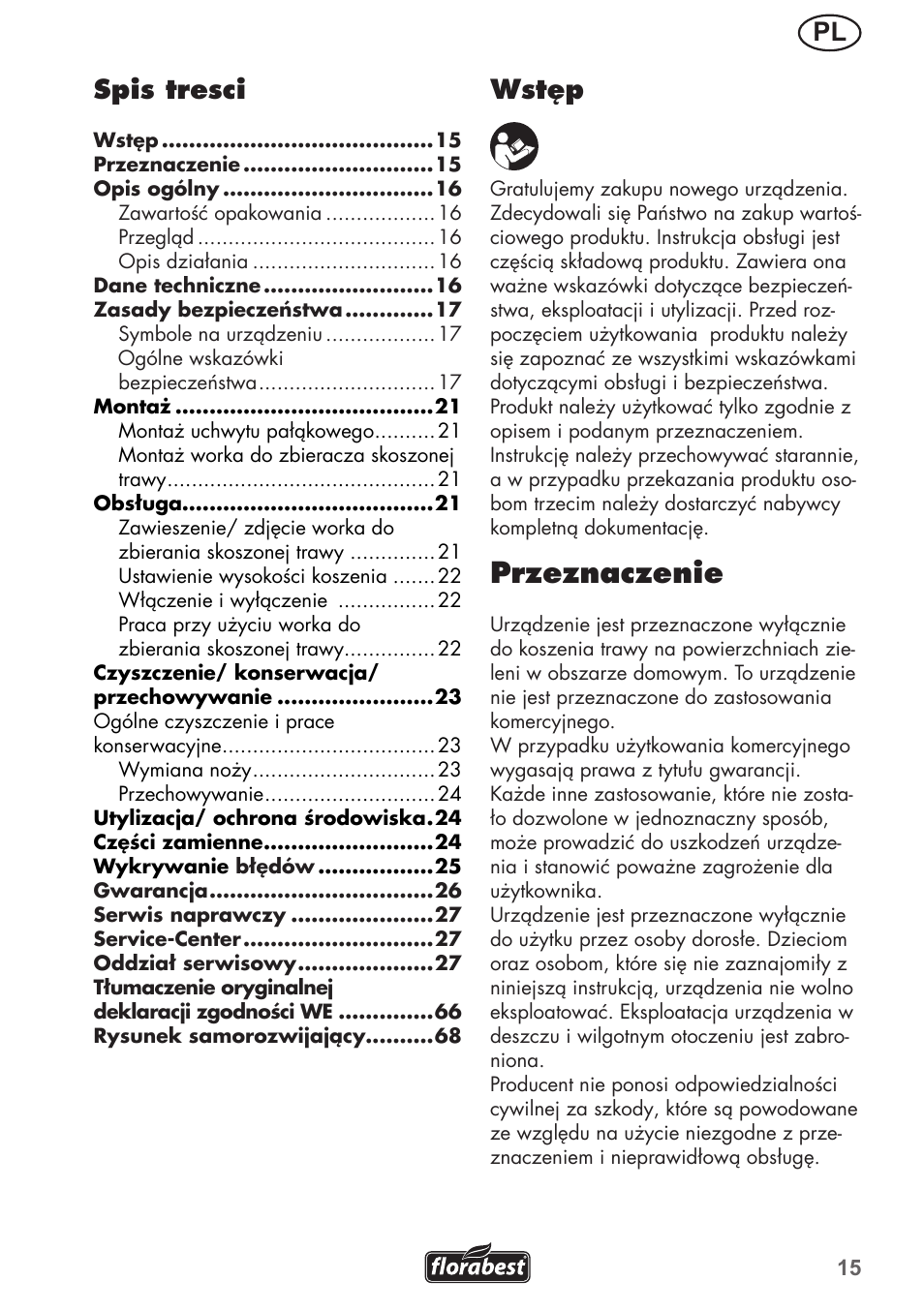 Przeznaczenie, Pl spis tresci, Wstęp | Florabest FRM 1200 B3 User Manual | Page 15 / 72